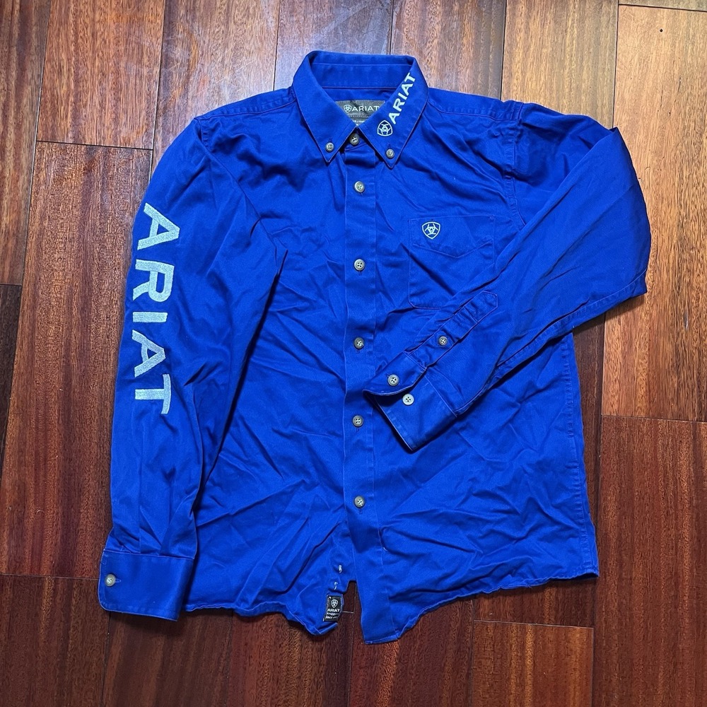 Ariat Button Down Shirt Boys M 10-12 Blue Team Logo Long Sleeve Western Cotton